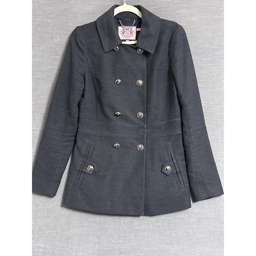 Vintage y2k Juicy Couture Pea Coat M Gray Cotton Wool Double Breasted Trench
